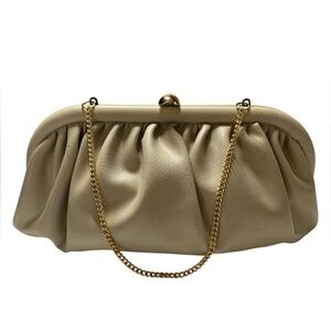 Cream Leather Ruched Clutch with Gold Clasp & Chain floral interior 6”x10”